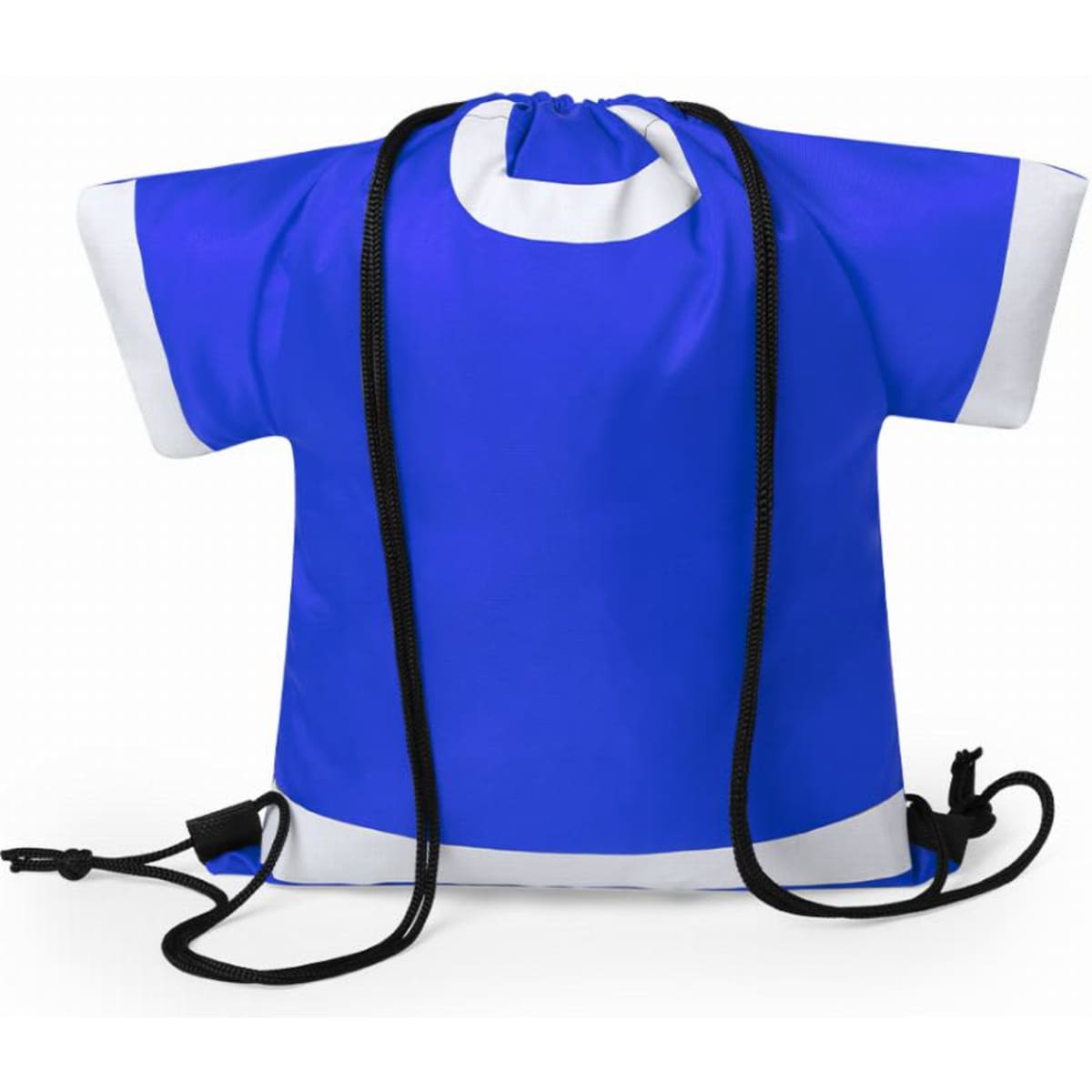 A blue drawstring bag designed like a T-shirt, featuring white accents and black cords.
