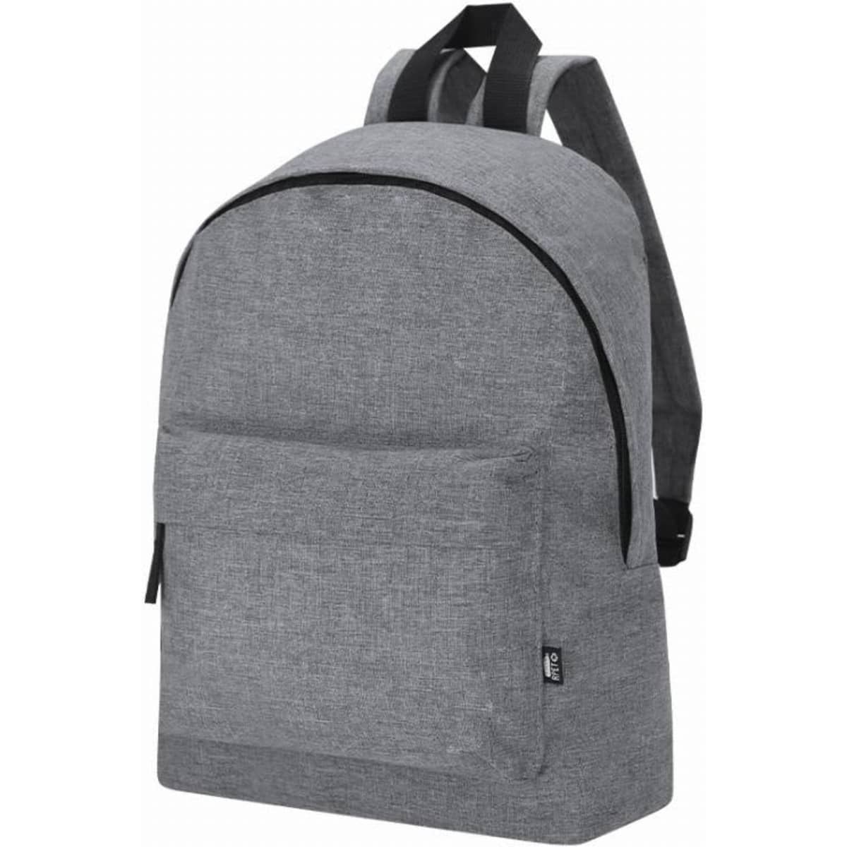 A grey backpack with padded straps and a front pocket, featuring a logo on the side.
