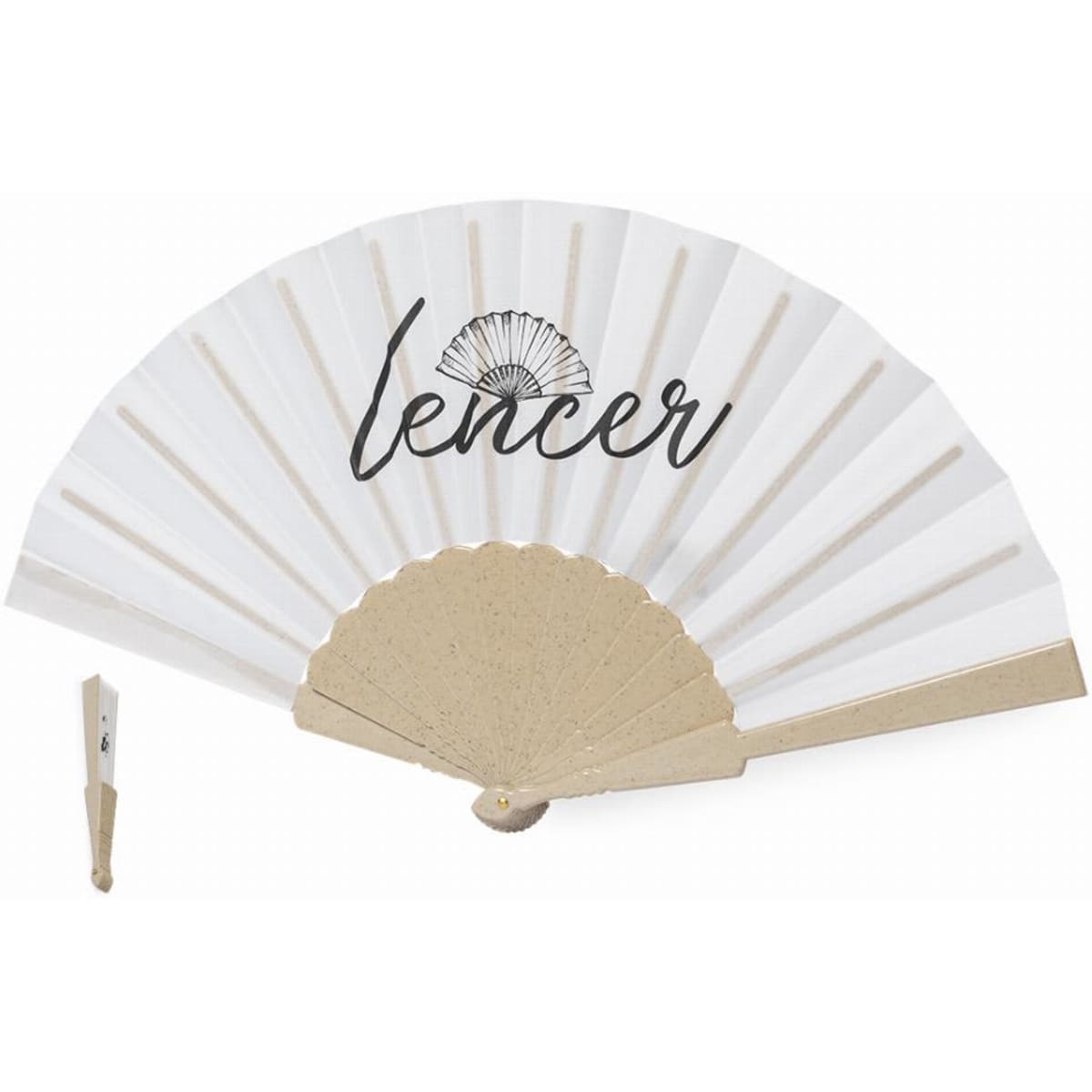 A decorative hand fan in white with a gold handle and a logo. Features pleated fabric and a wooden frame.