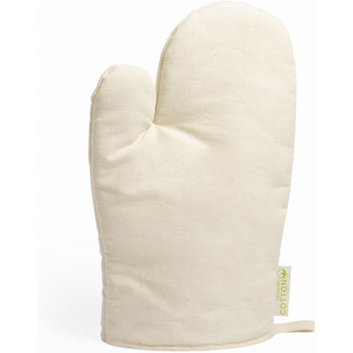 A cream-coloured oven mitt with a textured surface and a loop for hanging. It features a small logo.