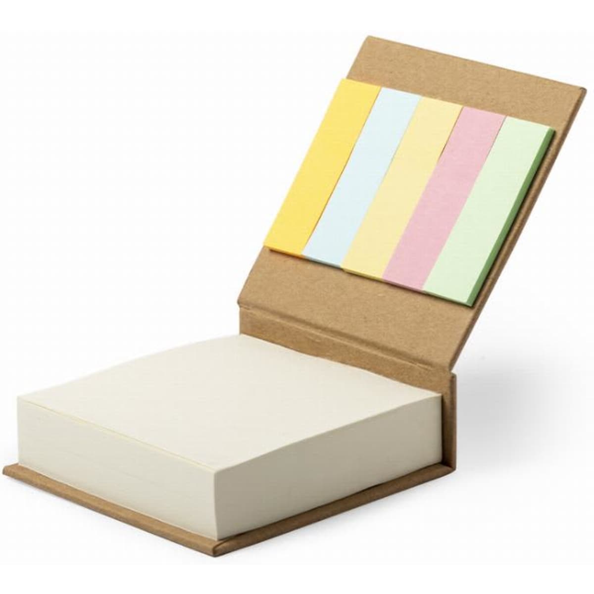 A notepad with a brown cover and multicoloured sticky notes in pink, yellow, blue, and green.