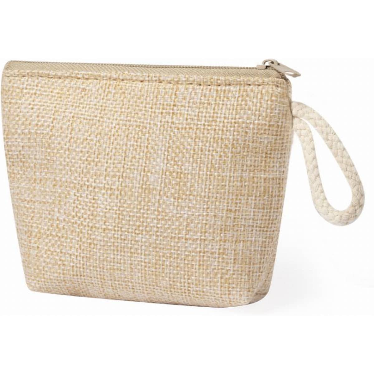 A natural beige zippered pouch with a rope handle, featuring a textured fabric surface.