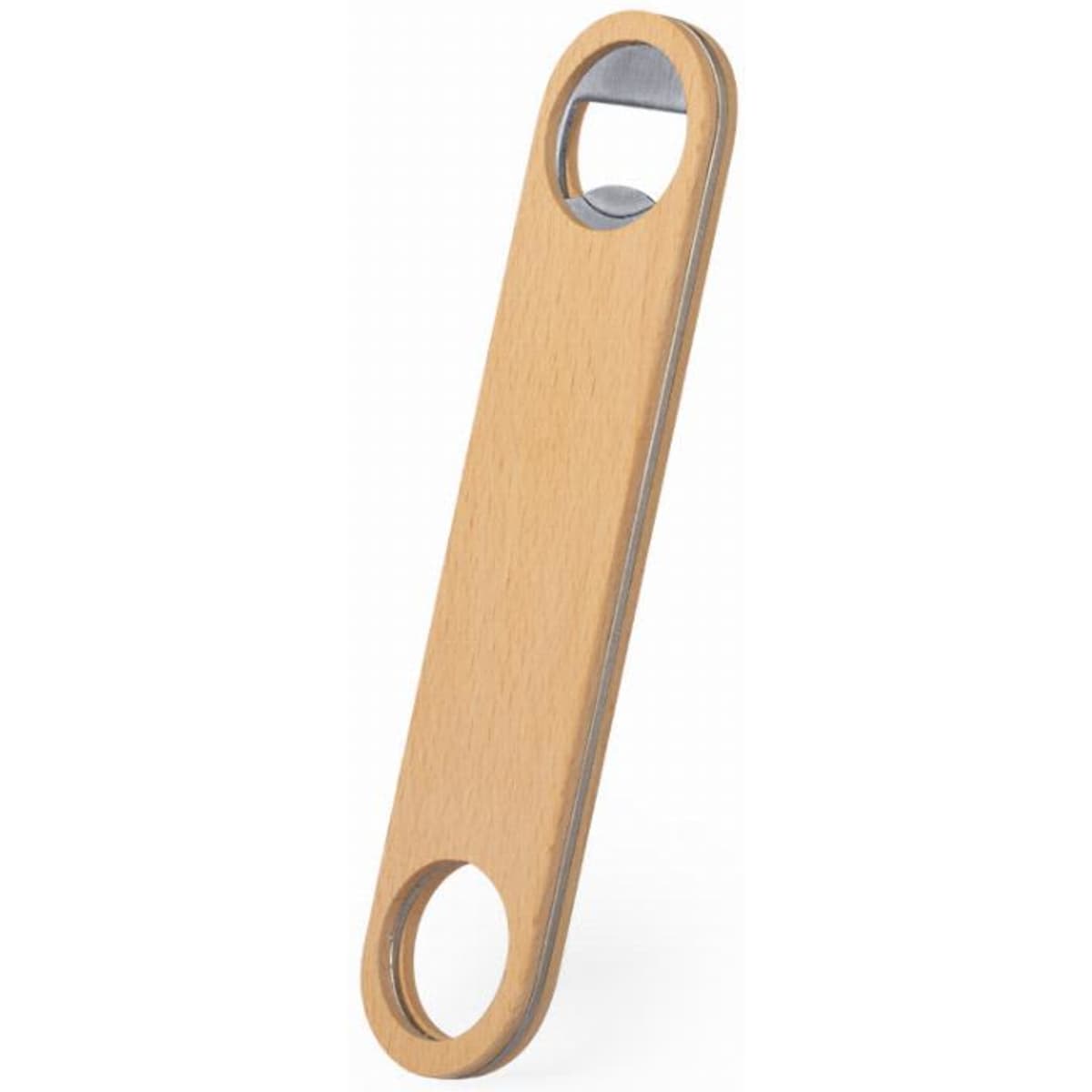 A bottle opener made of wood with a sleek design, featuring two circular openings and a metallic cap-removing end.