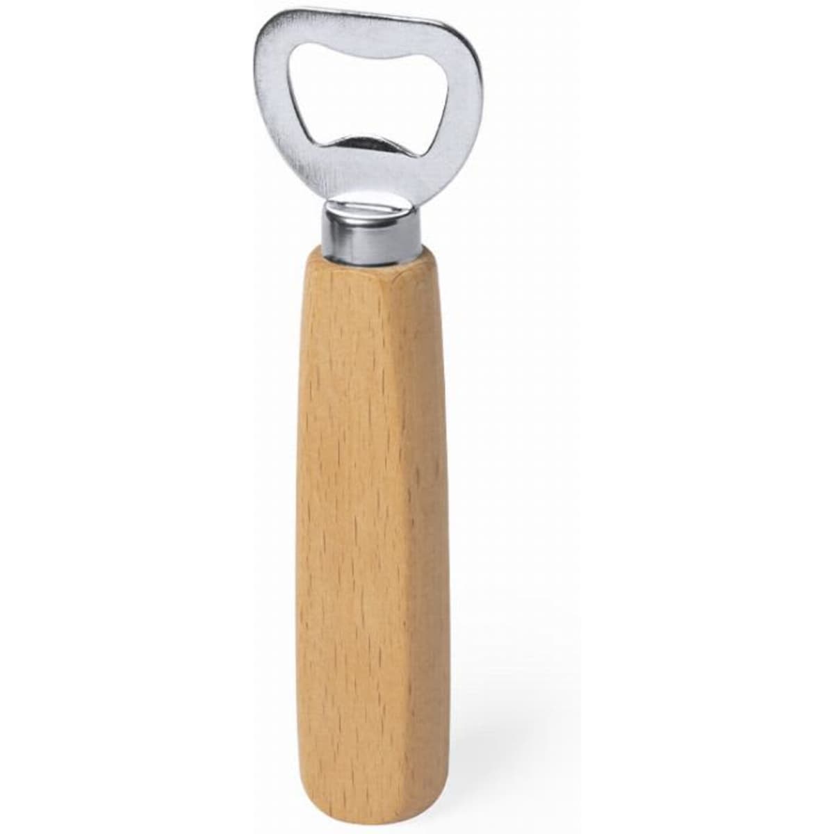 A bottle opener with a wooden handle and a metal opening mechanism, showcasing a simple and functional design.