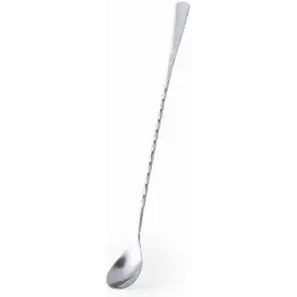 A long, sleek stainless steel spoon with a twisted handle, designed for stirring or serving.