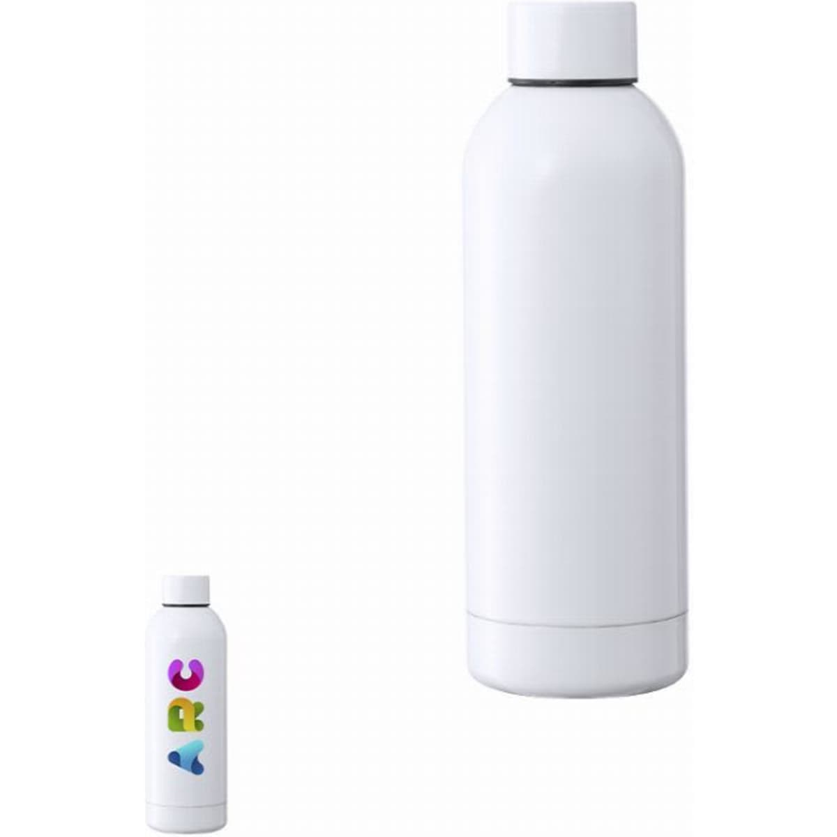 A drink bottle in white featuring a logo, with a sleek design and contemporary shape.