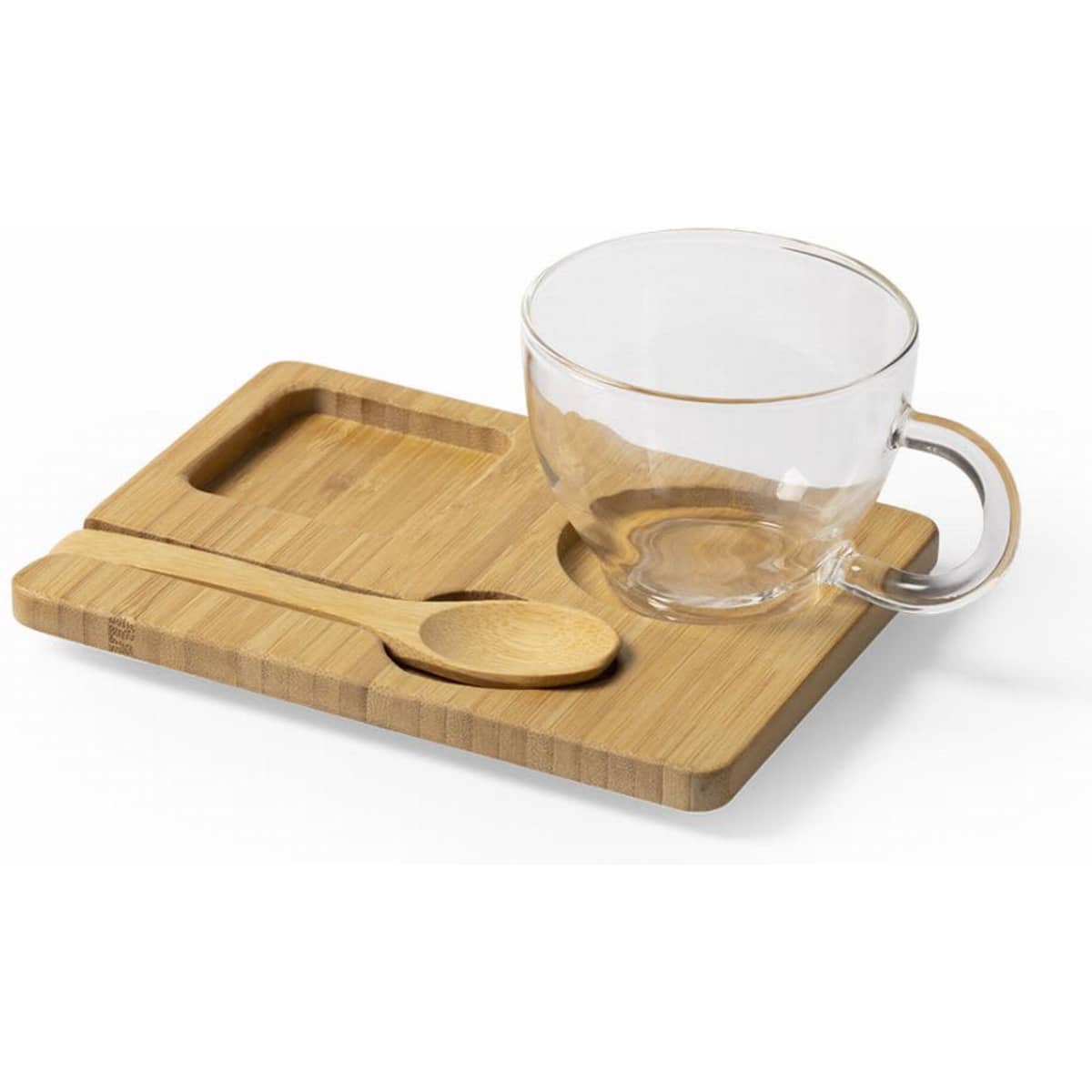 A glass cup with a bamboo tray and wooden spoon, showcasing natural materials and a minimalist design.