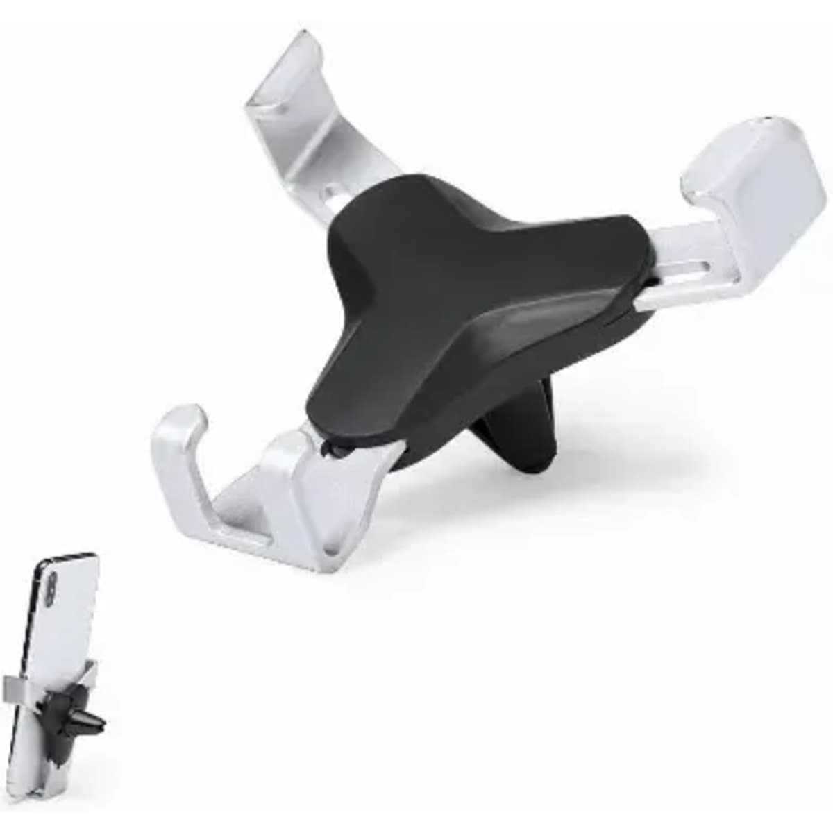 A phone holder with a black and silver design, featuring adjustable grips for securing devices.