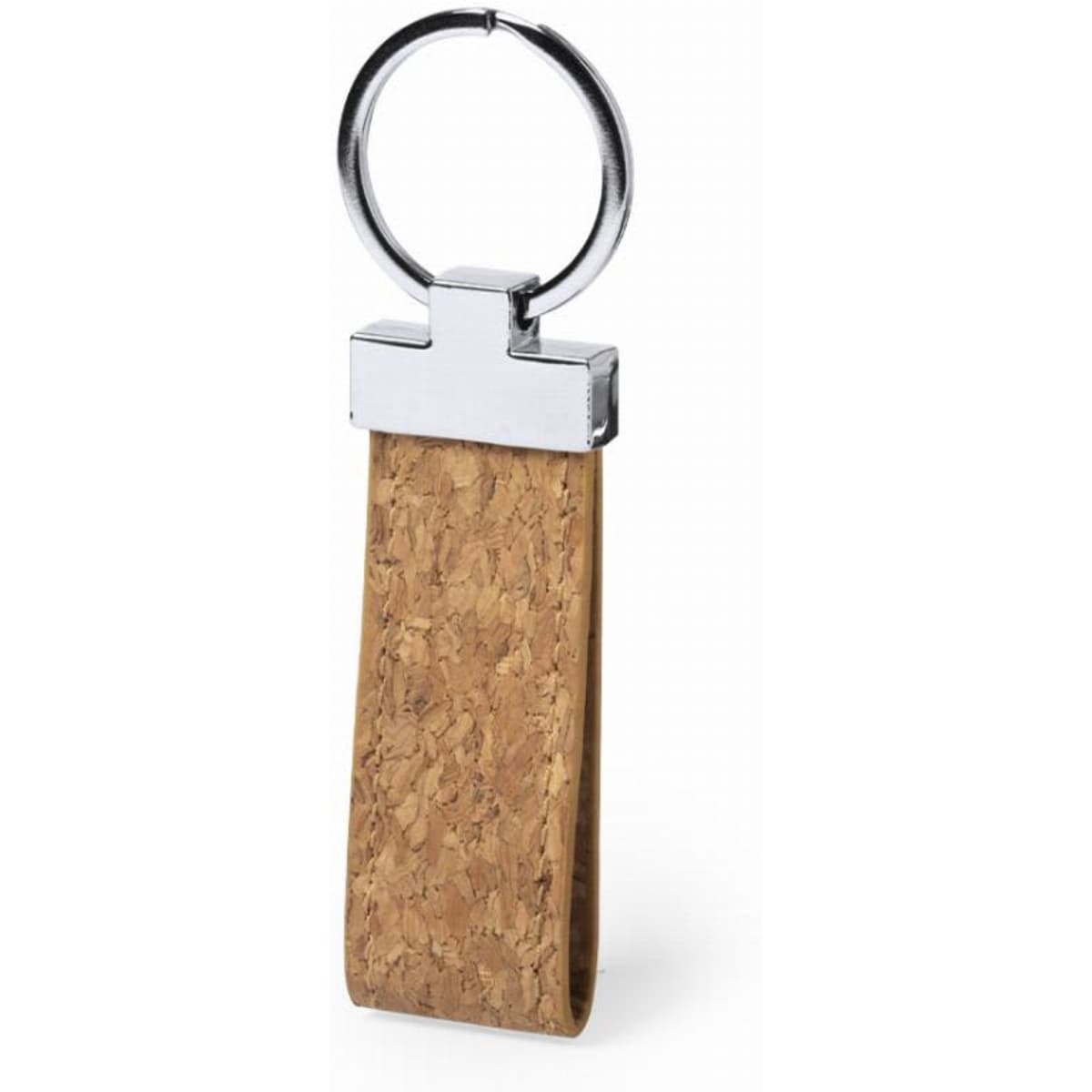 A keyring featuring a cork tag with a chrome attachment. The design is simple and modern.