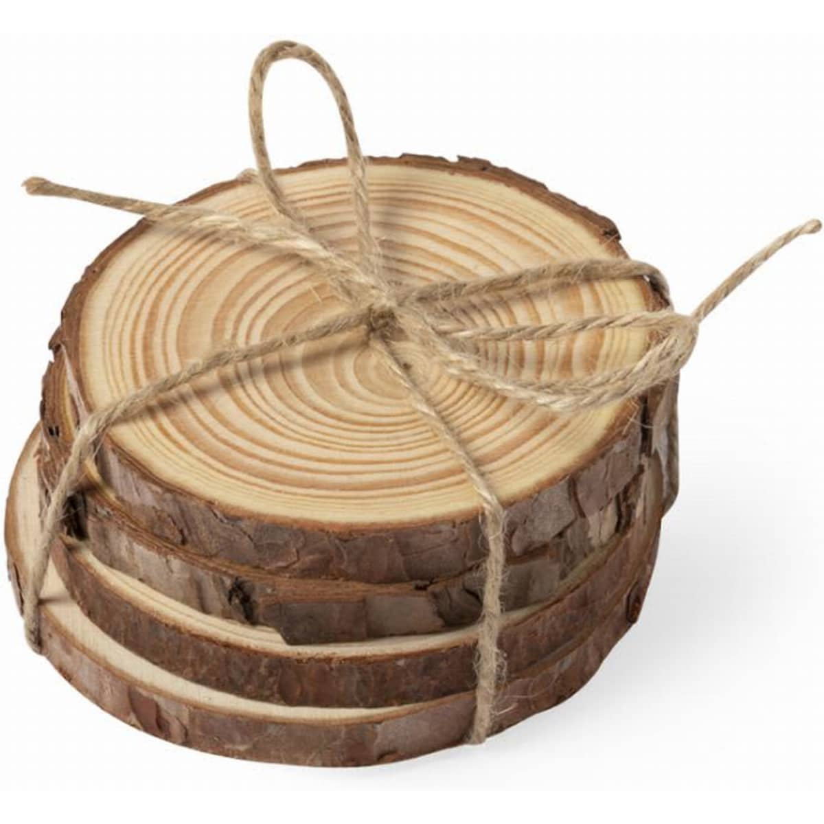 A set of wooden coasters stacked and bound with twine, showcasing natural wooden textures and rings.