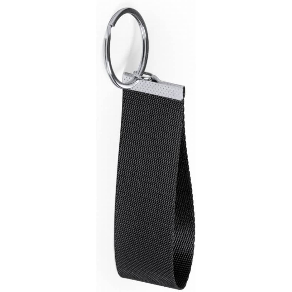 A keyring featuring a black fabric strap and a metal keyring attachment.