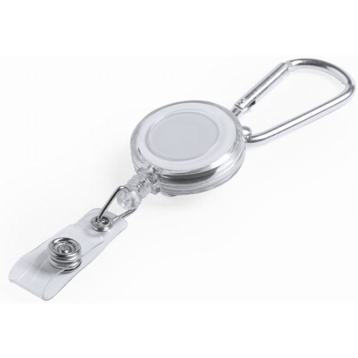A retractable badge holder with a clear reel and a metal carabiner, featuring a white strap.