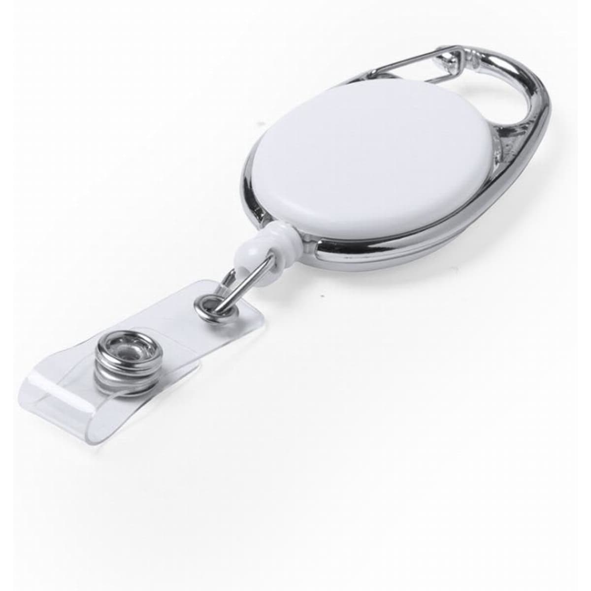 A retractable badge holder in white with a chrome finish, featuring a clear strap for easy attachment.