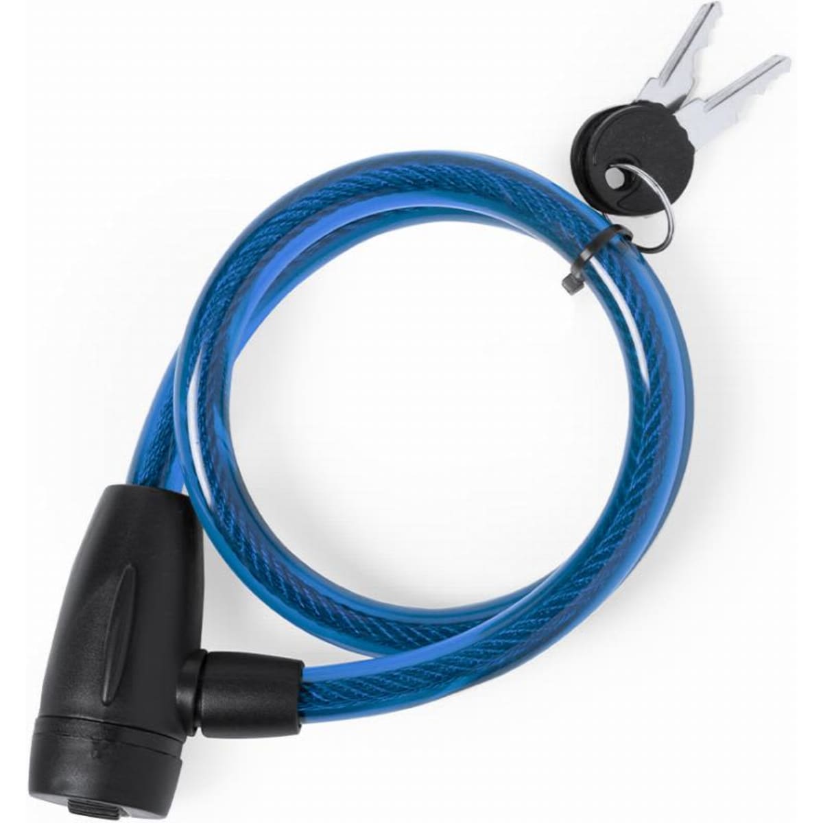 A bike lock with a blue cable and a black locking mechanism, accompanied by two keys.