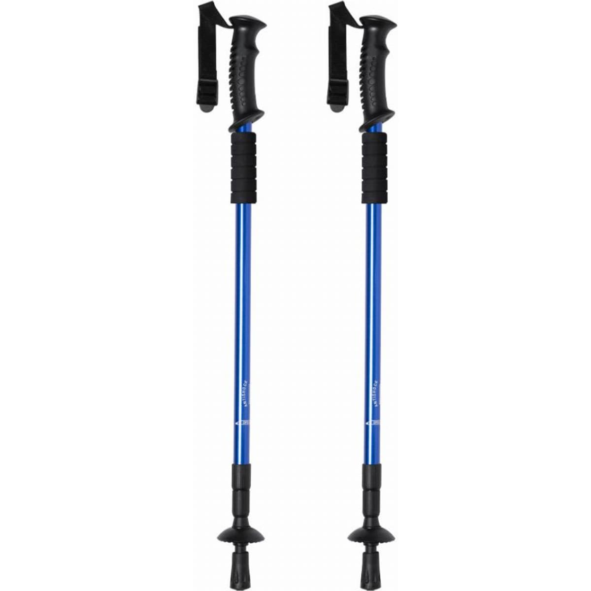 A pair of blue trekking poles with black grips and straps, featuring adjustable lengths and rubber tips.
