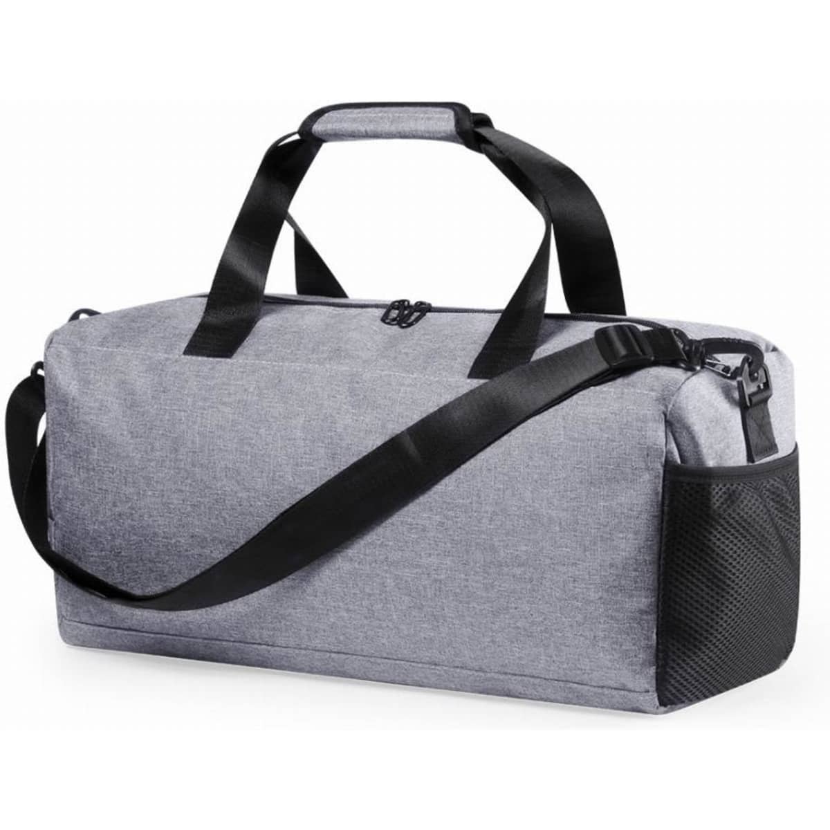 A grey duffel bag with black accents and adjustable shoulder strap, featuring a side mesh pocket.