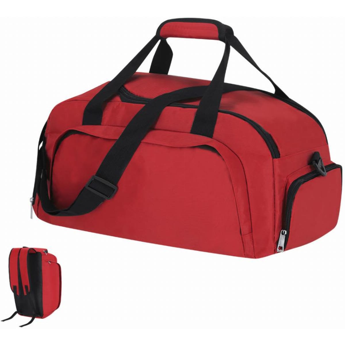 A red duffle bag with black handles and a shoulder strap, featuring zippered pockets and a compact design.