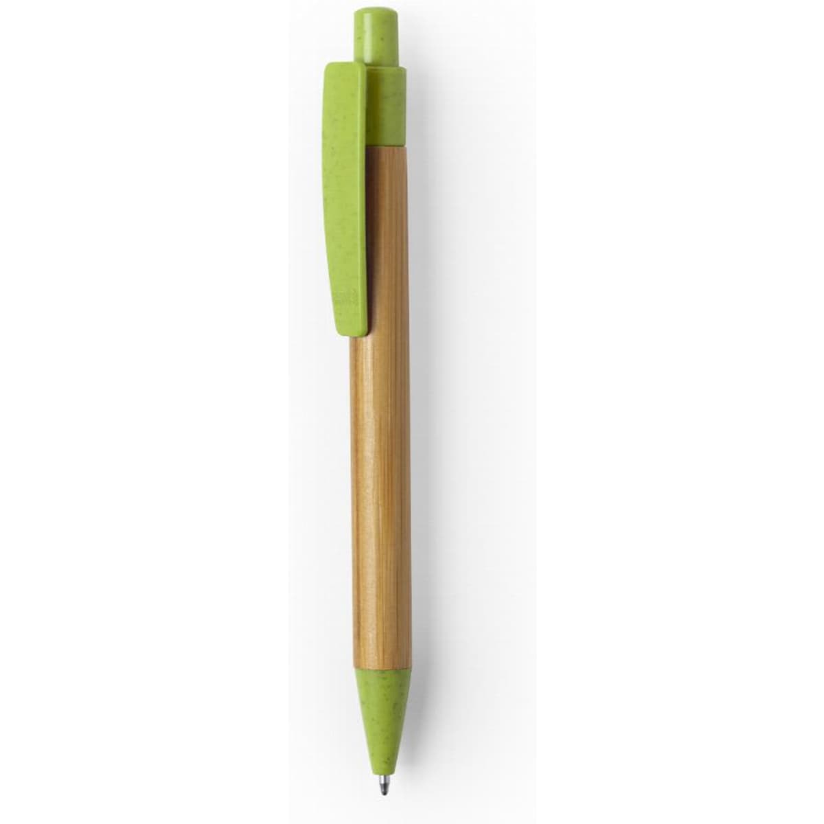A pen featuring a bamboo barrel and a green plastic clip and tip. It has a simple design and eco-friendly materials.