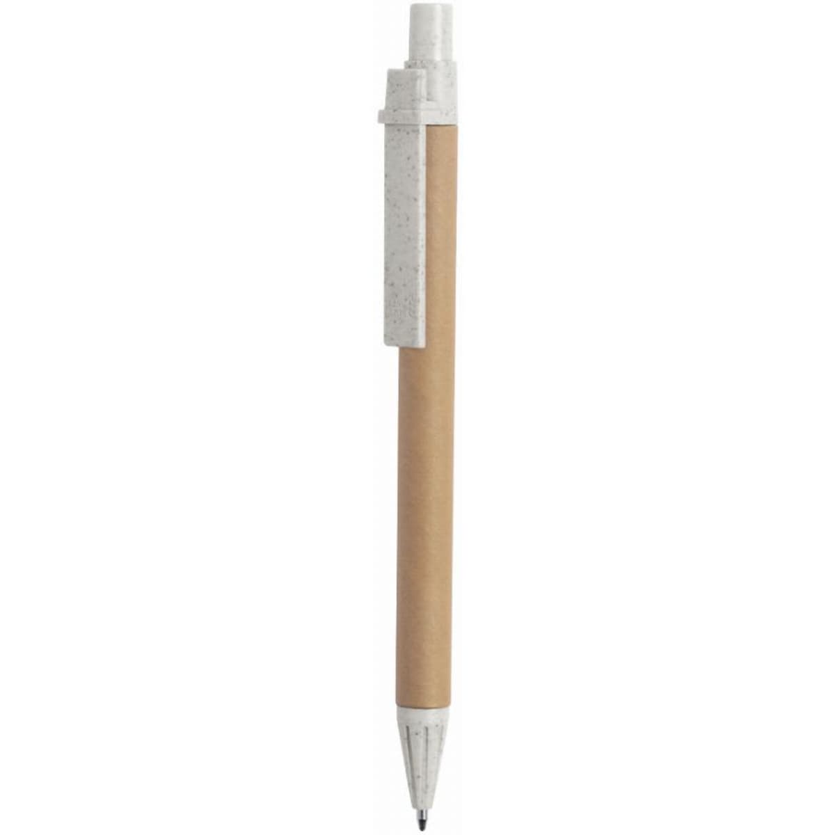 A pen with a natural wood finish and a white cap, featuring a logo on the clip.
