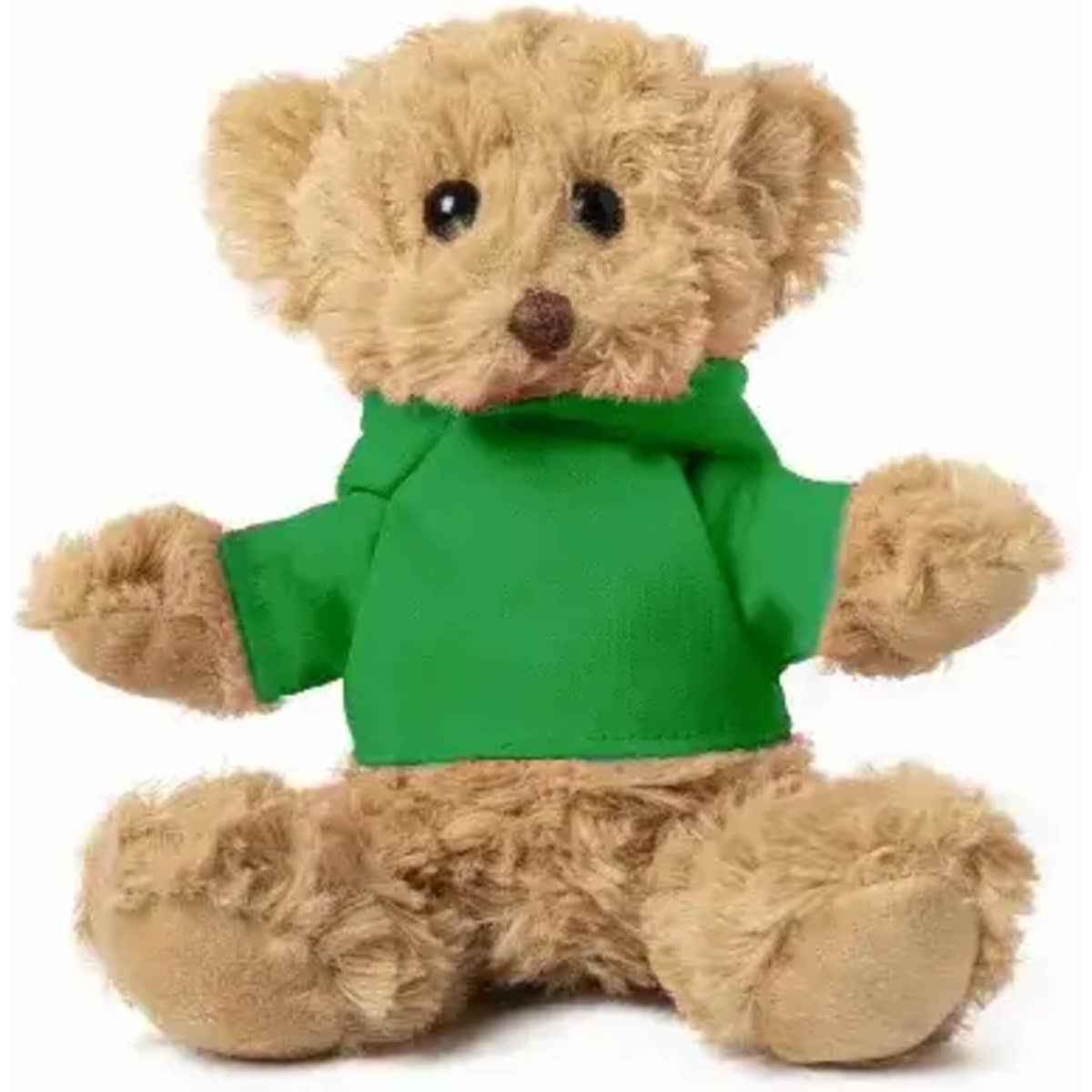 A soft teddy bear with brown fur, wearing a green hoodie, sitting upright. It has black plastic eyes and a stitched nose.