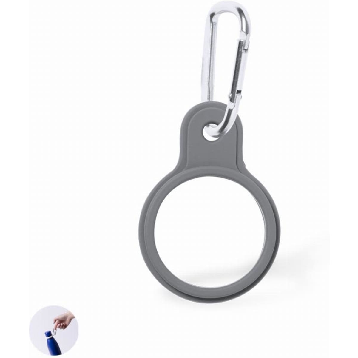 A grey keyring bottle opener with a metal carabiner attachment. It has a circular opening for easy use.