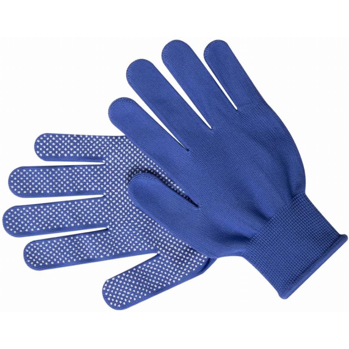 A pair of blue cleaning gloves featuring a textured palm for grip and a smooth wrist section.