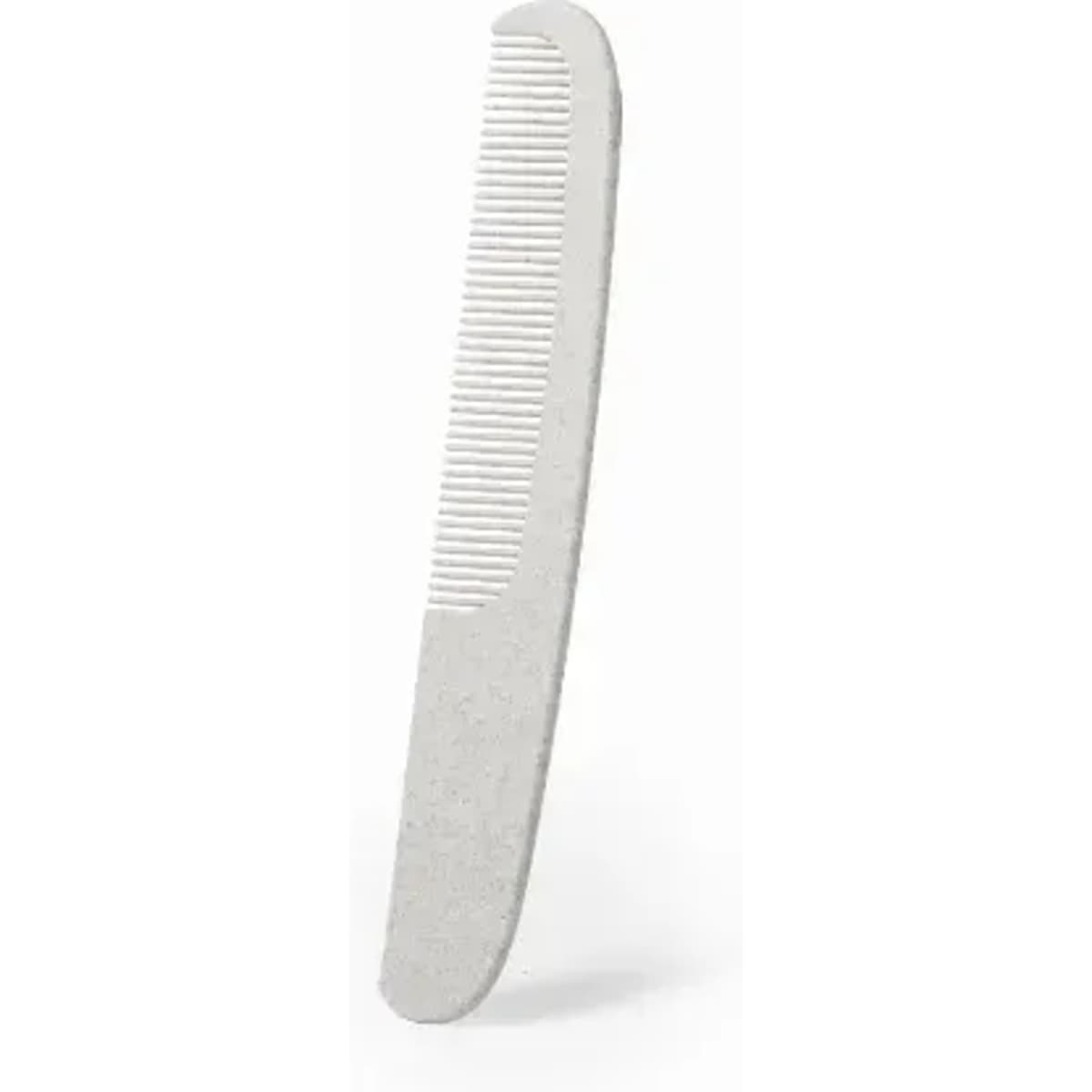 A white comb with a smooth handle and fine teeth, featuring a simple design.
