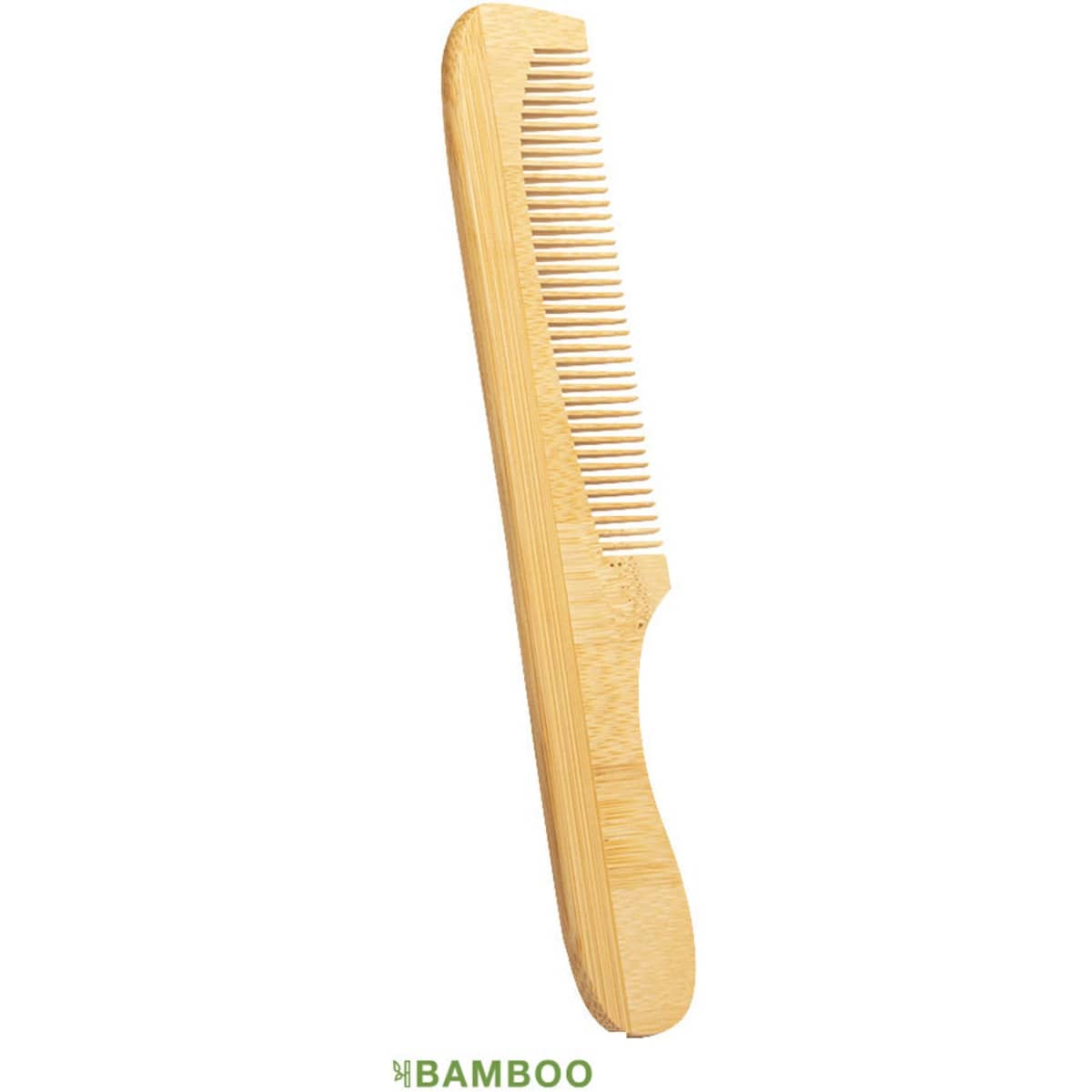 A bamboo comb with a smooth handle and fine teeth, showcasing a natural wood finish.