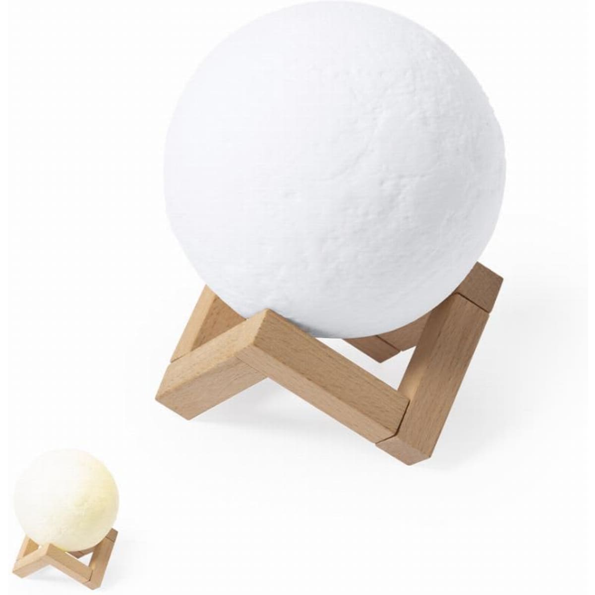 A white globe sits on a wooden stand, showcasing a smooth surface and minimalist design.