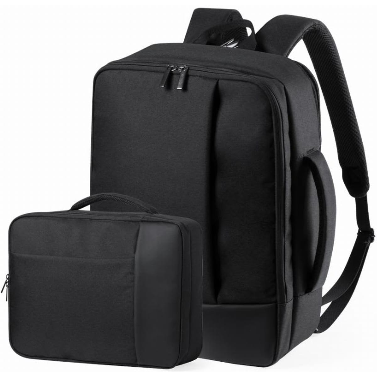 A black backpack with adjustable straps, accompanied by a smaller black pouch. Both items have a sleek, minimalist design.