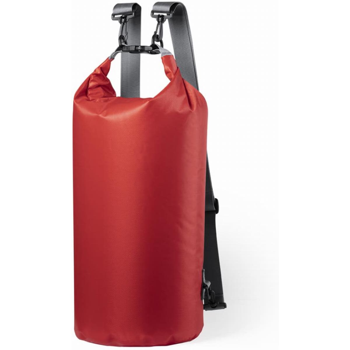 A red waterproof dry bag with black straps and clips for carrying. The surface appears smooth and durable.