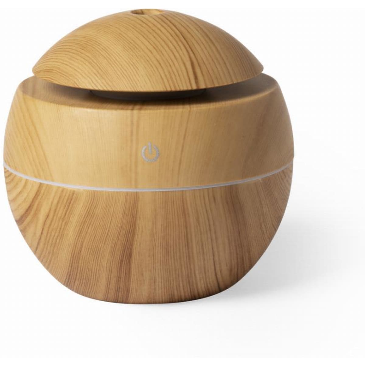 A diffuser featuring a wood grain finish, designed in a round, compact shape with a top lid. It includes a logo.