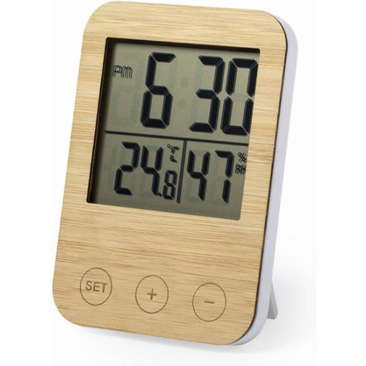 A digital clock and thermometer with a bamboo finish, displaying time, temperature, and humidity levels.