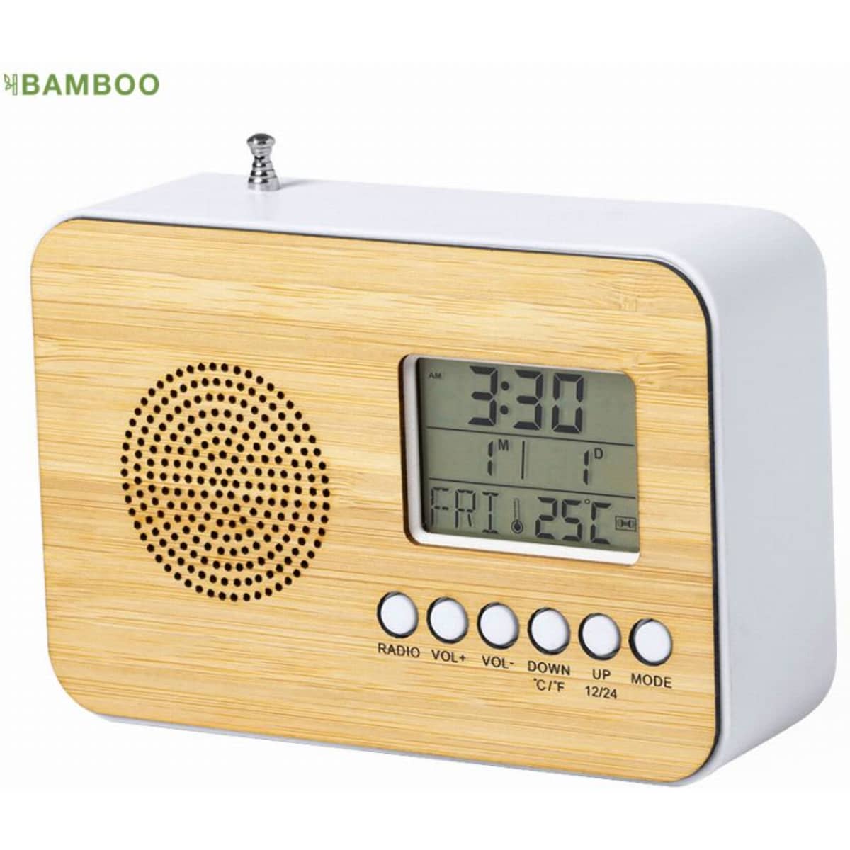 A digital alarm clock with a bamboo finish, featuring a display, speaker, and control buttons. It has a logo on top.