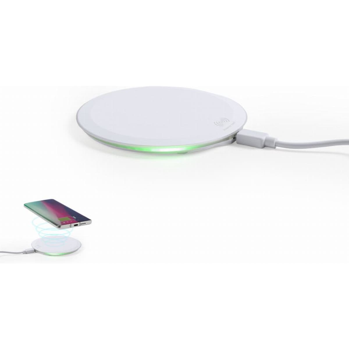 A wireless phone charger in white with a light indicator. It has a sleek, round design and a connected cable.