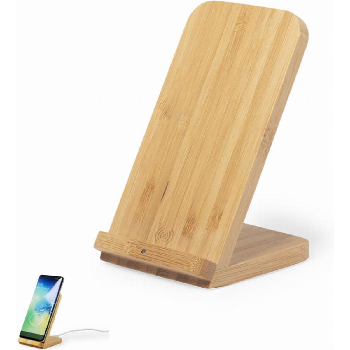 A bamboo wireless phone charger with a sleek, angled design. It features a minimalist style and includes a logo.