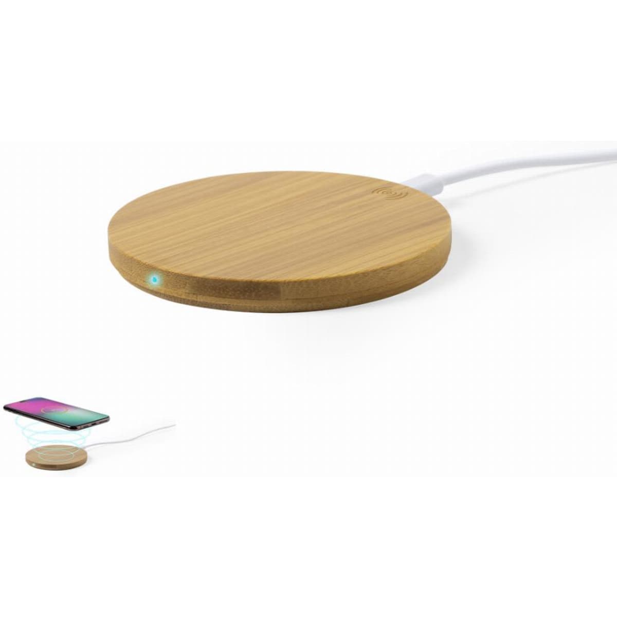 A wireless charger with a bamboo finish and a white cable, featuring a small light indicator.