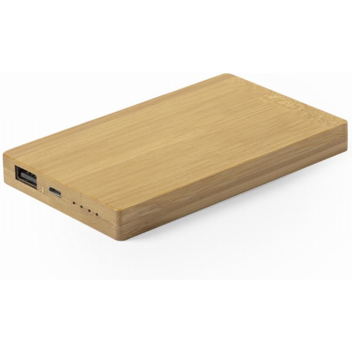 A rectangular power bank with a bamboo exterior, featuring USB ports and indicator lights.