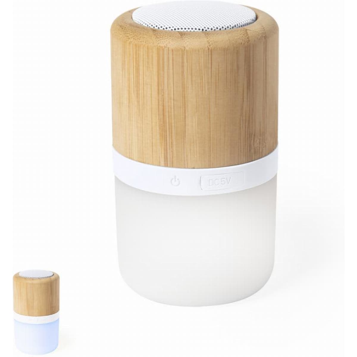A drink bottle with a bamboo lid and a white base, featuring a built-in speaker and light.