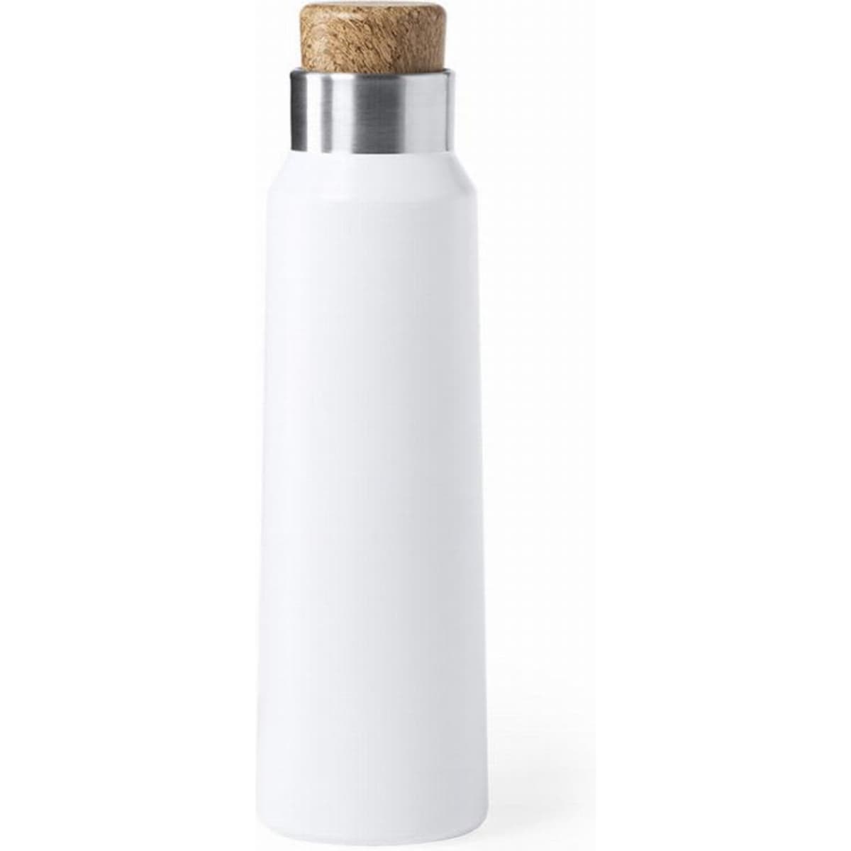 A drink bottle in white with a stainless steel band and a cork stopper. It has a sleek, modern design.