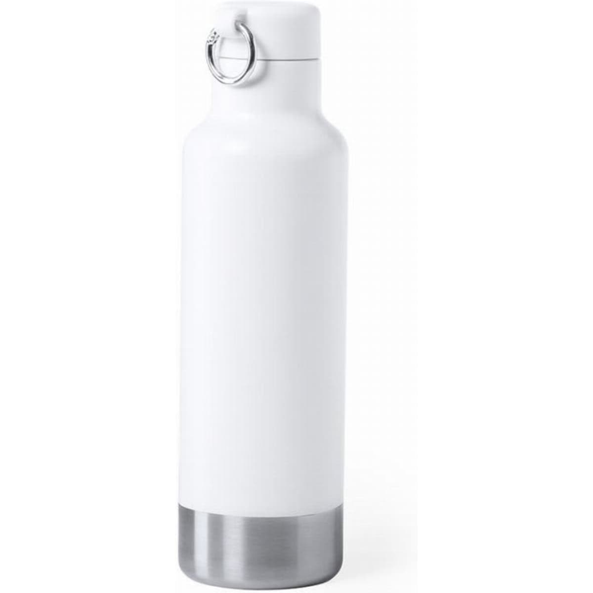 A drink bottle featuring a sleek white design with a stainless steel base and a metal ring on the cap.