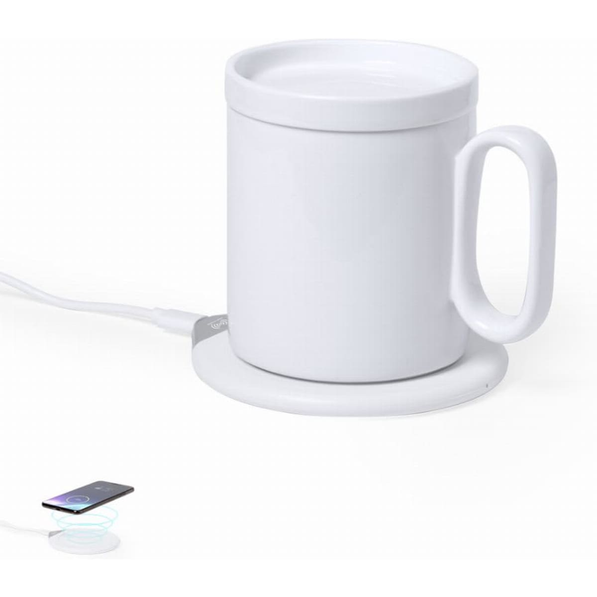 A white insulated mug sits on a heating base, featuring a handle and a sleek design, with a wireless charging plate nearby.