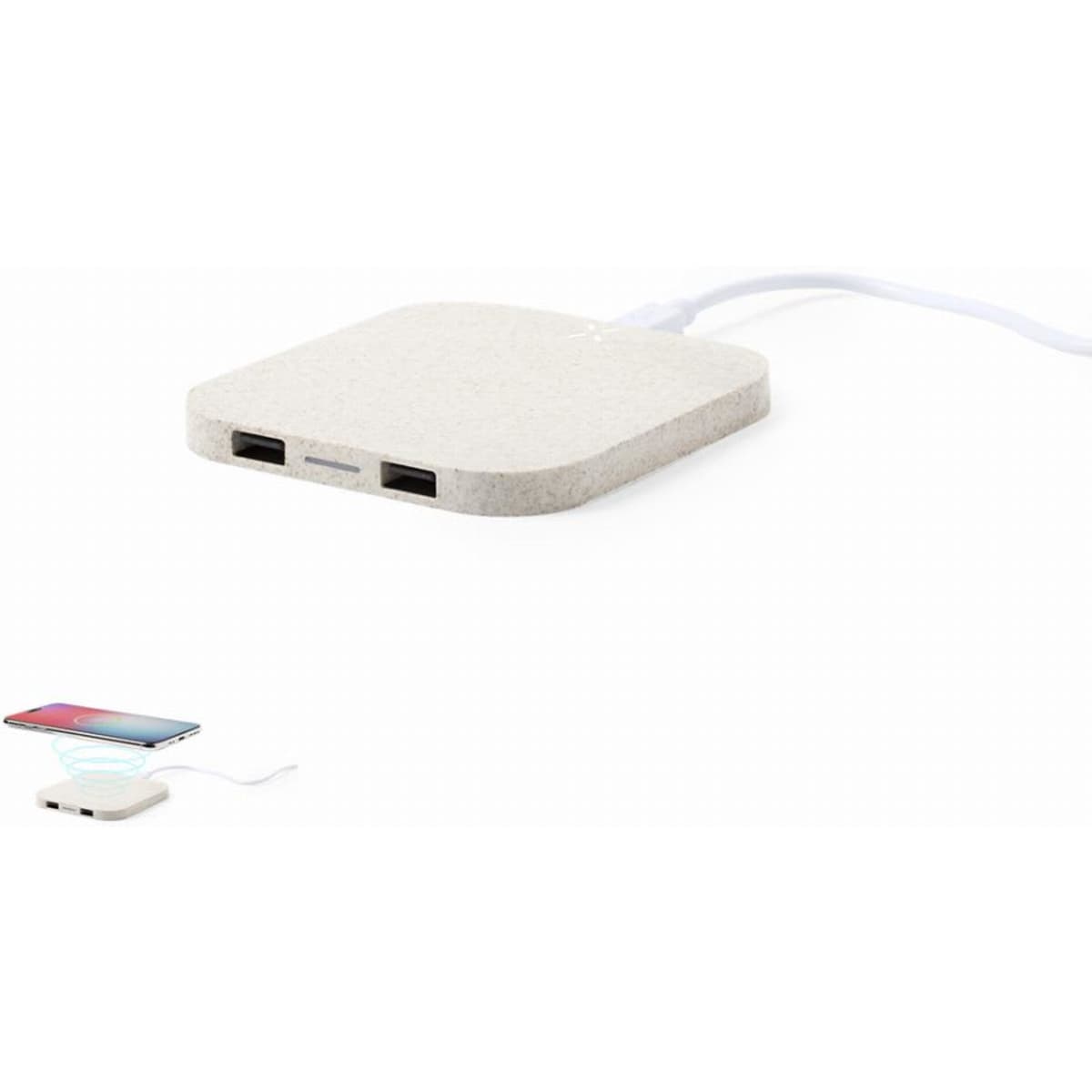 A wireless charger in a light grey finish, featuring two USB ports and a connected charging cable.