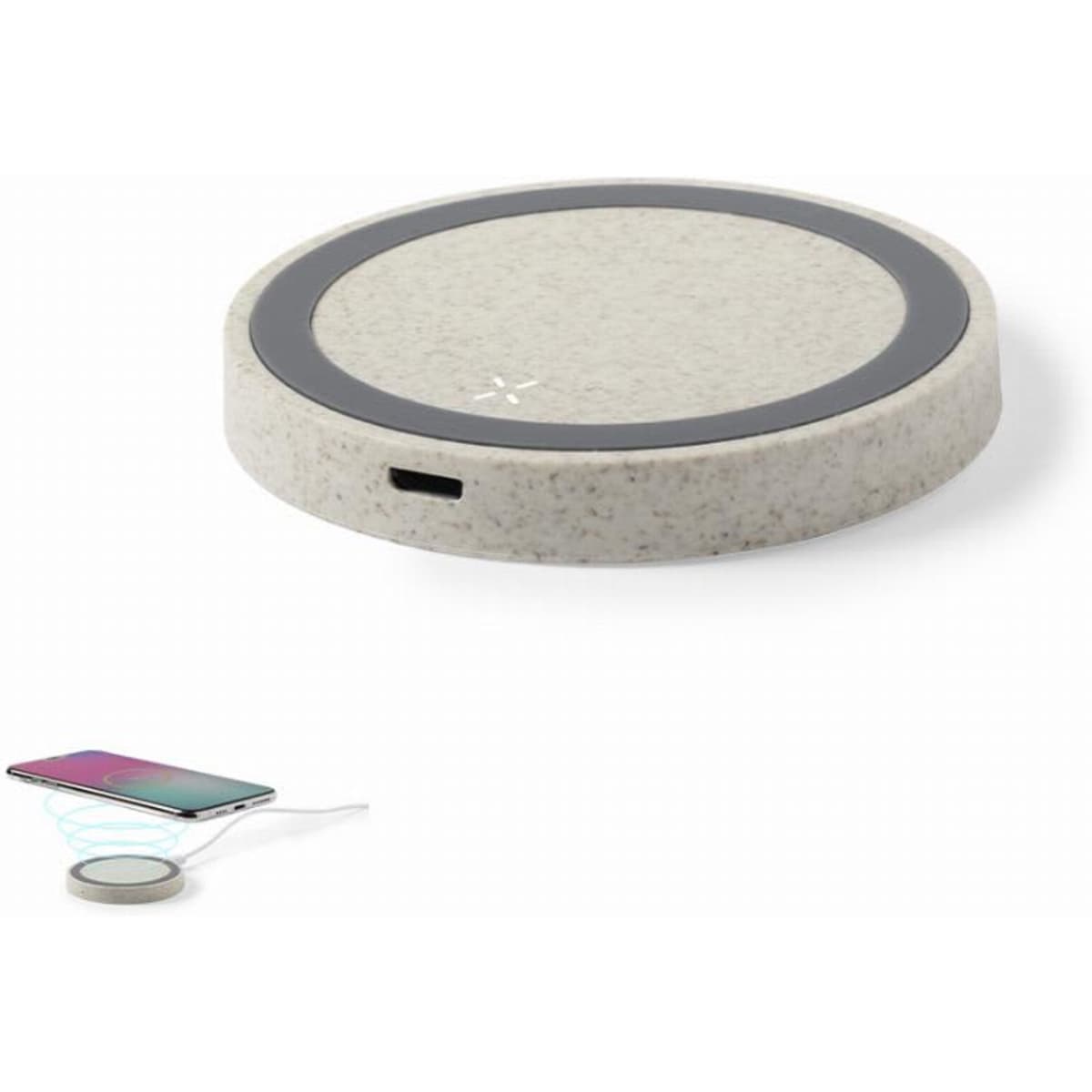 A wireless charger in a light beige colour with a black ring, featuring a logo and a USB-C port.