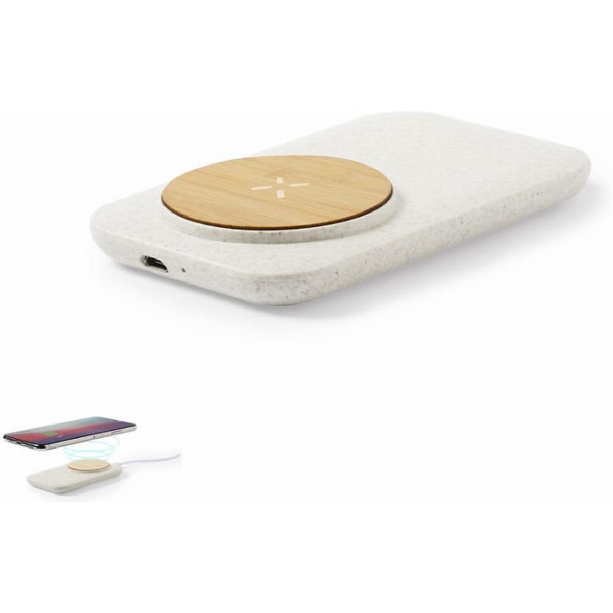 A wireless charger with a white textured base and a wooden charging pad, featuring a logo.