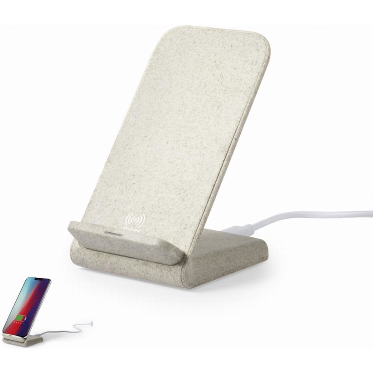 A wireless charging stand in a light grey shade, featuring a minimalist design and a logo on the base.