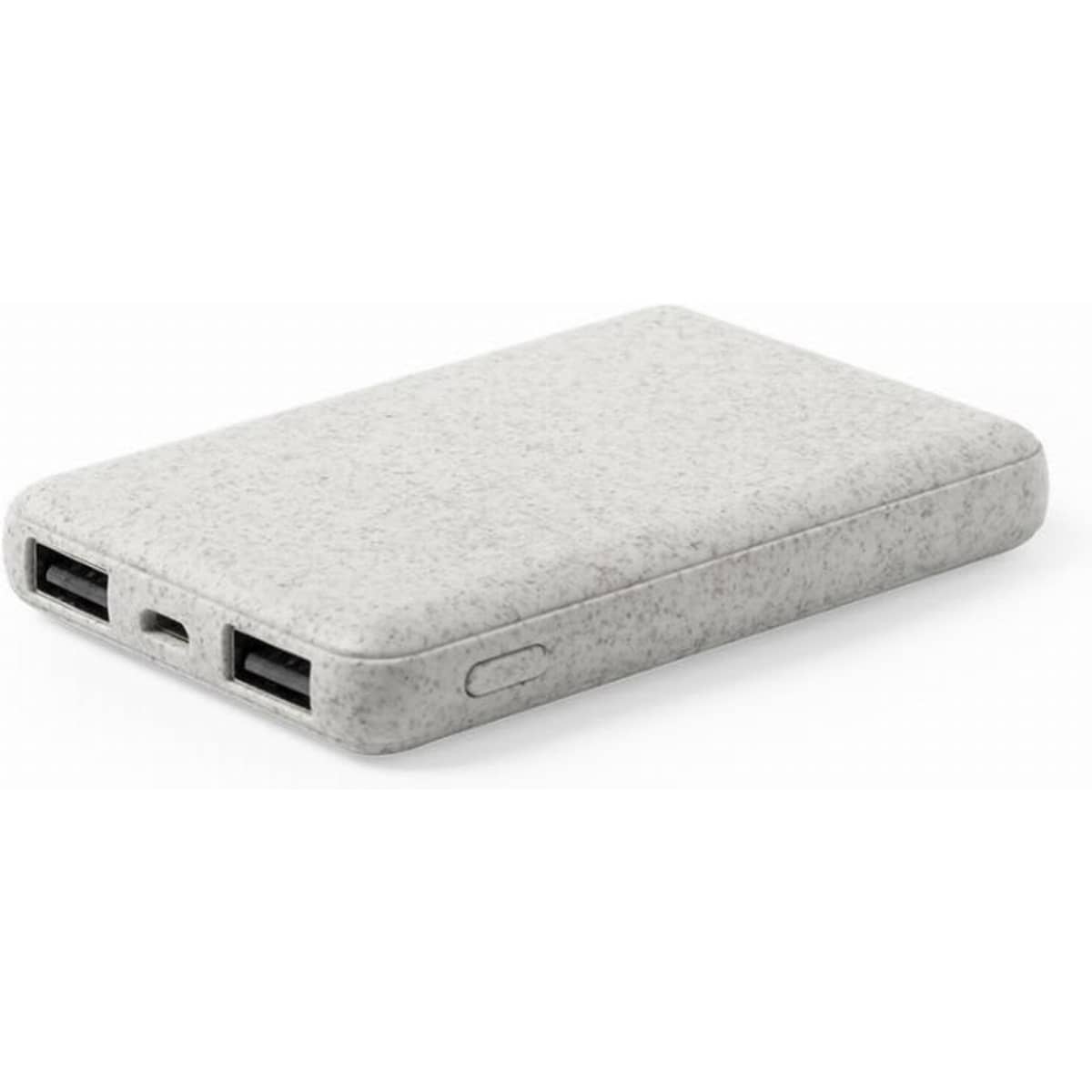 A power bank in a textured grey finish with two USB ports and a small button on the side.