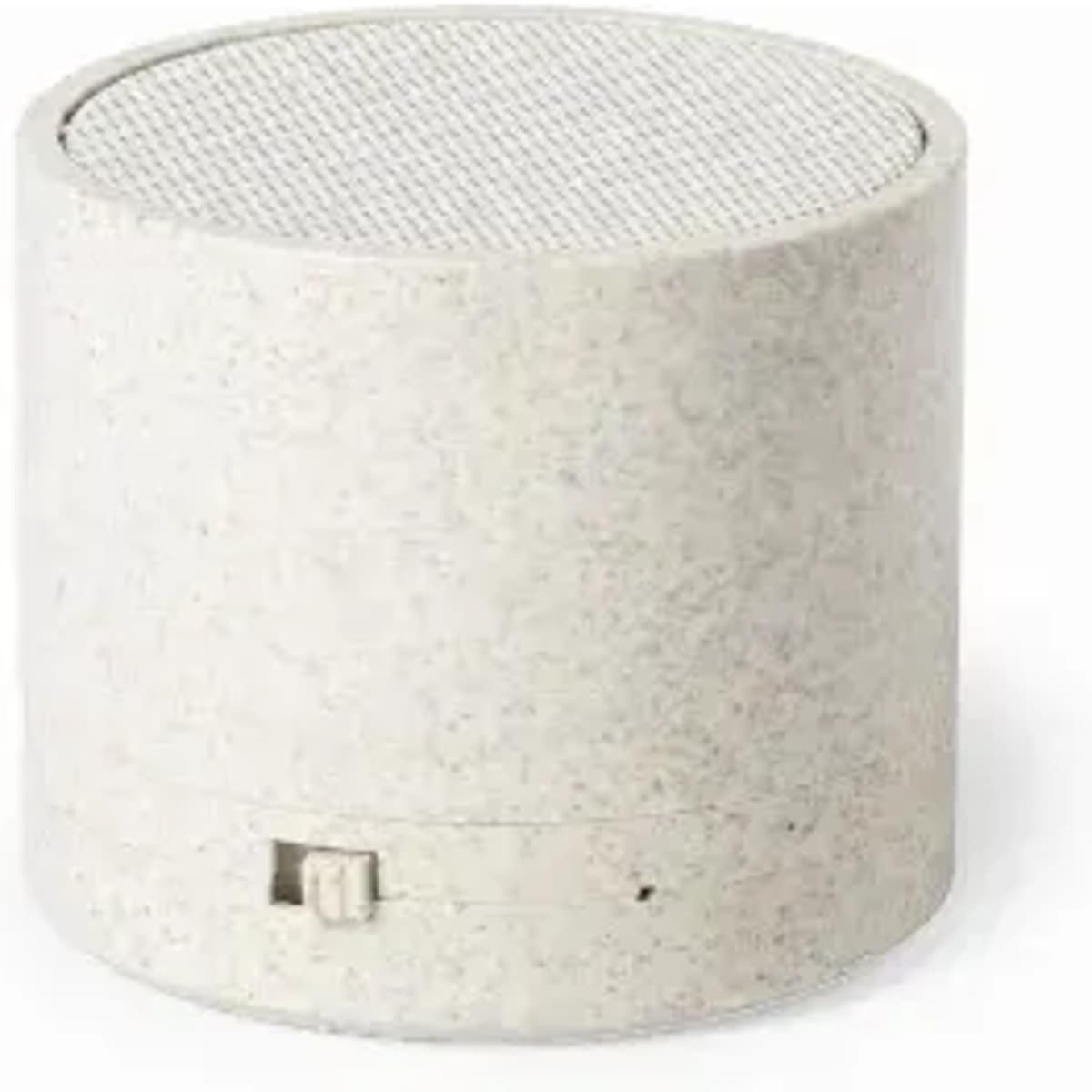 A grey cylindrical speaker with a mesh top and a small switch at the base. It has a textured finish.