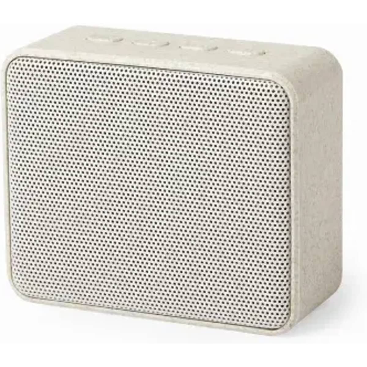 A portable speaker with a grey, textured exterior featuring a mesh grille and control buttons on top.