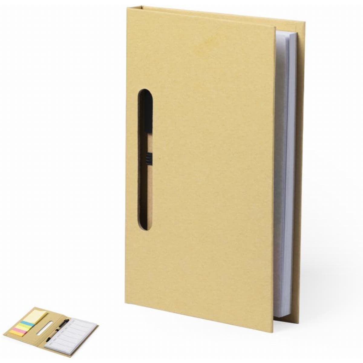 A notebook with a kraft cover, featuring a cut-out slot for a pen and sections for sticky notes.